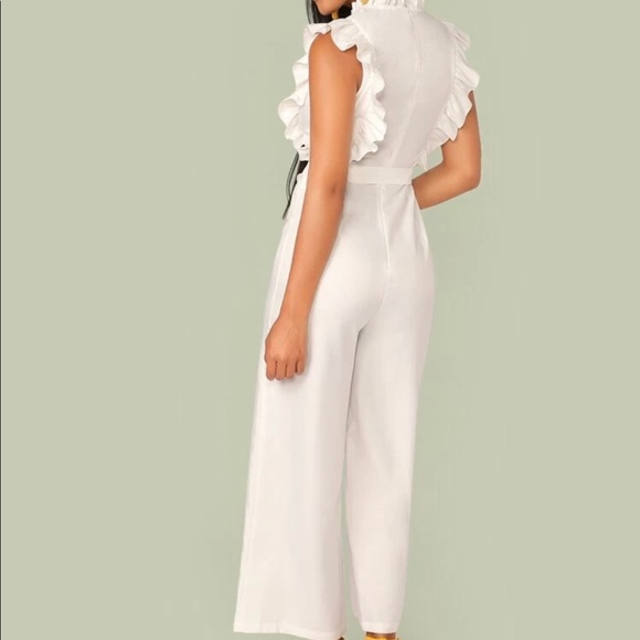 Mock Neck Ruffle Trim Embroidery Belted Palazzo - Picture 2 of 3